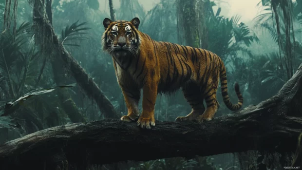 A tiger with battle scars, standing atop a fallen tree in a dense jungle, its fur still stained with fresh wounds, untamed and powerful.