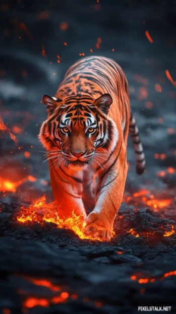 A tiger with flaming orange fur, standing on a lava field.