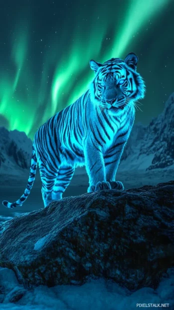 A tiger with glowing blue stripes, standing on a rocky ledge under the aurora borealis.