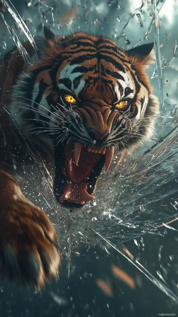 A tiger with glowing yellow eyes, breaking the foreground with its powerful paw.