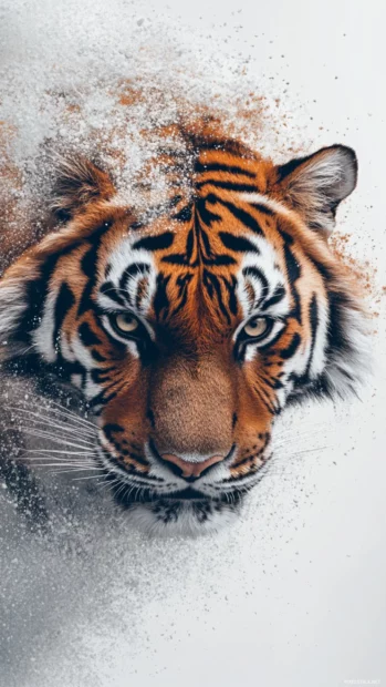 A tiger with half of its face dissolving into an abstract paint splash effect.