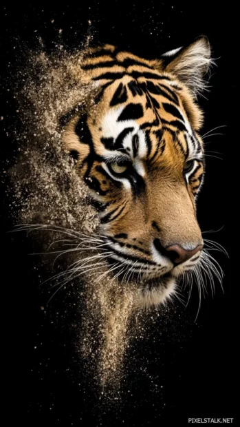 A tiger with half of its face dissolving into an abstract paint splash effect, blending realism with artistic expression.