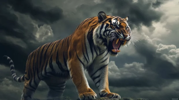 A tiger with stormy clouds swirling around it, roaring as rain pours from the sky, pure raw energy emanating from its body.