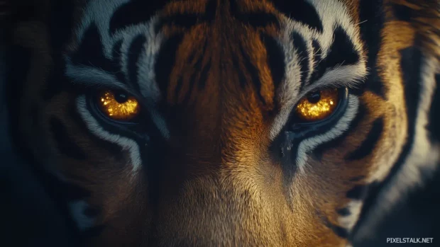 A tiger’s face close up, golden eyes sharp, simple dark backdrop, eyes stand out.