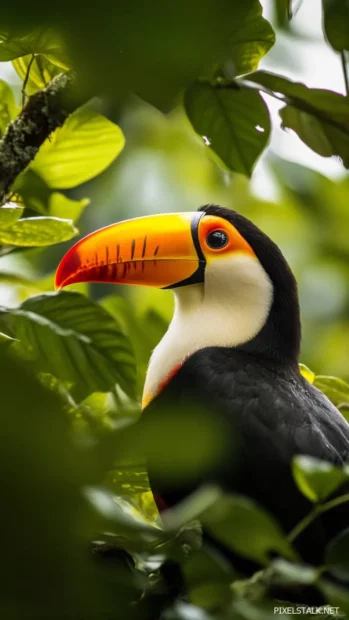 A toucan, bright beak, on tropical tree, green leaves around.
