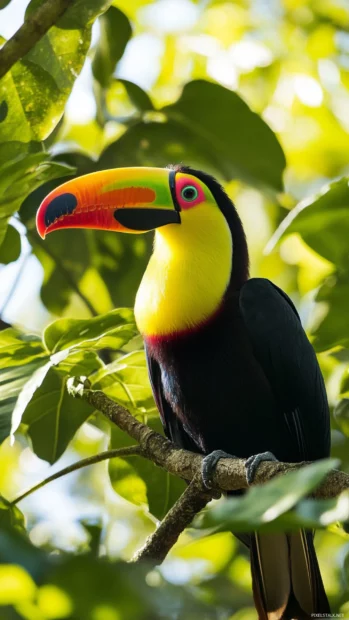 A toucan with its iconic colorful beak resting in a tropical tree, framed by soft green leaves.