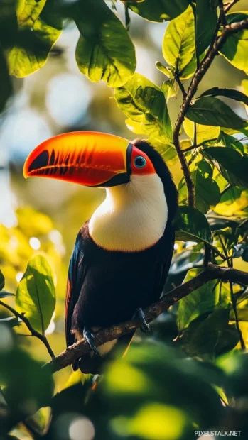 A toucan with its iconic colorful beak resting in a tropical tree, framed by soft green leaves.