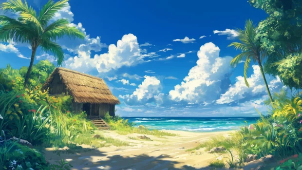 A tropical Hawaii beach with a thatched roof hut and swaying palm trees, the ocean sparkling in the sunlight .