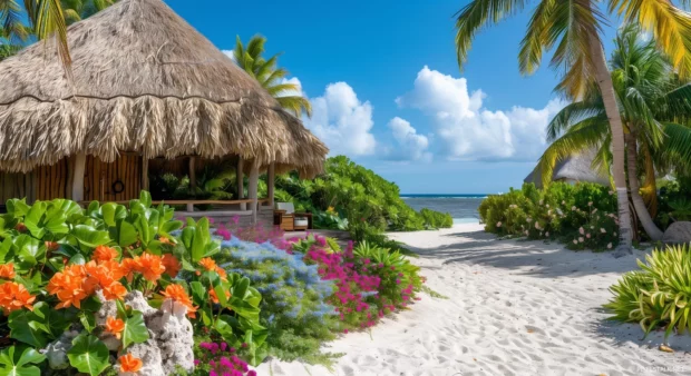 A tropical beach with a thatched roof hut and vibrant flowers.