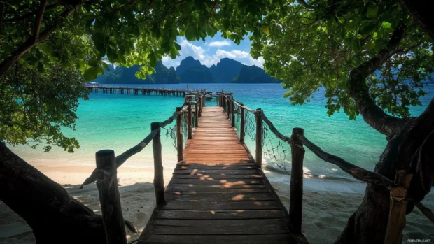 A tropical beach with turquoise waters and white sand.