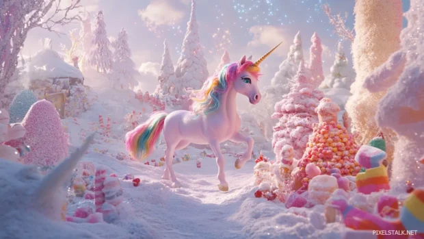 A unicorn pony with rainbow hair, happily moving in a magical candy landscape.