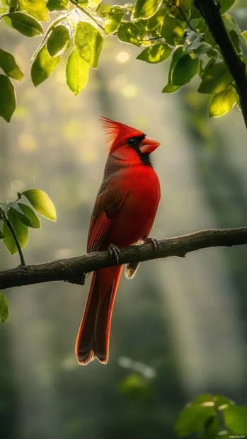 A vertical forest scene with a cardinal centered in a shaft of golden light, ideal for a red cardinal mobile wallpaper.