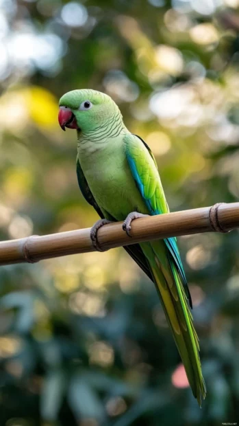 A vertical portrait of a green parrot perched calmly on a bamboo stalk, blurred forest background adding depth.