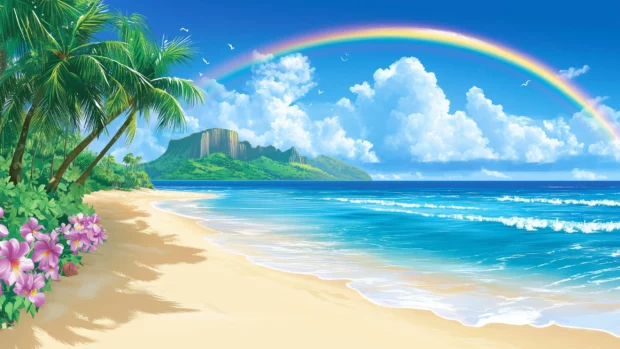 A vibrant Hawaii beach scene with a rainbow arching over the sea and palm lined shore .