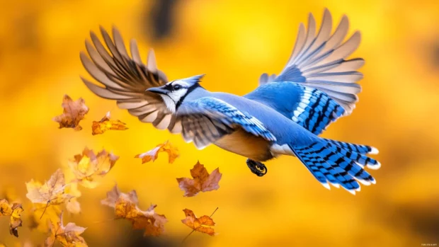 A vibrant blue jay mid flight, wings extended over a golden field, scattering early autumn leaves below.