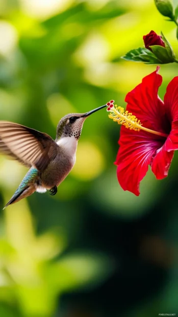 A vibrant hummingbird hovering vertically in front of a bright red hibiscus flower, wings in motion blur.