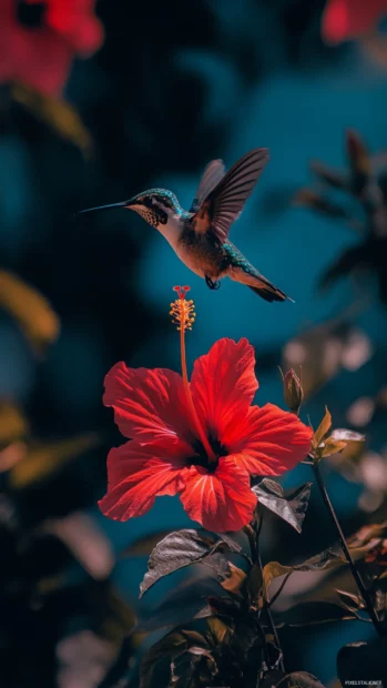 A vibrant hummingbird hovering vertically in front of a bright red hibiscus flower, wings in motion blur.