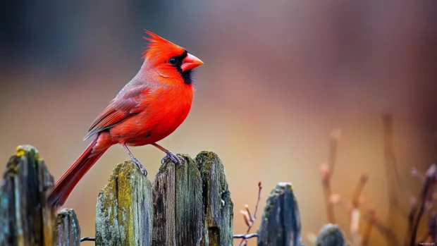 A vibrant male cardinal standing alone on a rustic fence in early spring, perfect for a cardinal bird wallpaper.