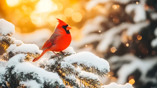 A vivid red cardinal perched on a snowy pine branch, softly illuminated by the golden light of early morning.