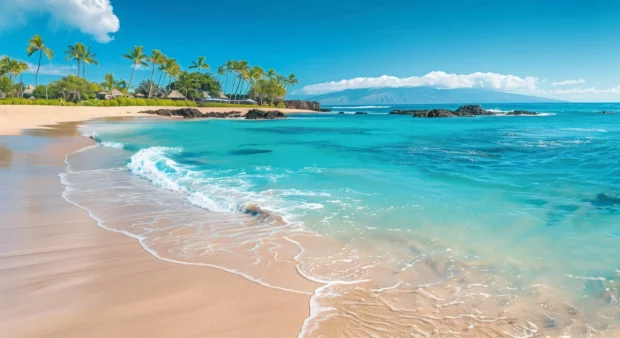 A wallpaper with stunning Hawaii beach with golden sand and crystal clear turquoise waters, lush palm trees in the background.