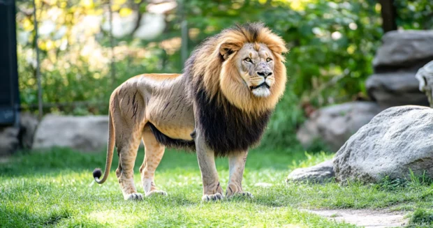 A warrior lion with scars of past battles, standing proudly with a determined look, embodying wisdom and strength.