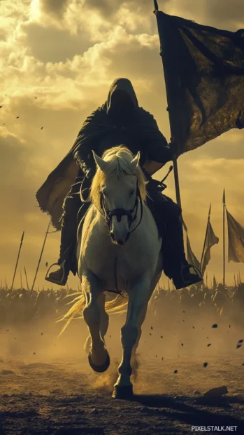 A warrior riding a powerful white horse, galloping through an ancient battlefield, banners waving in the wind.