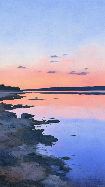 A watercolor painting of a beach at sunset.
