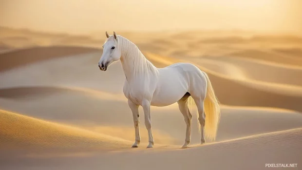 A white Arabian horse standing gracefully in a vast desert, the golden dunes stretching endlessly behind it.