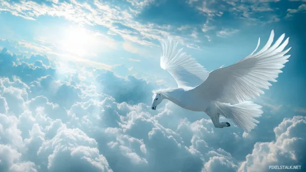 A white Pegasus with massive, elegant wings soaring above the clouds, the sun casting a divine glow on its feathers.