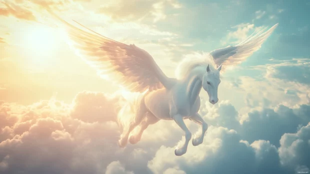 A white Pegasus with massive, elegant wings soaring above the clouds, the sun casting a divine glow on its feathers.
