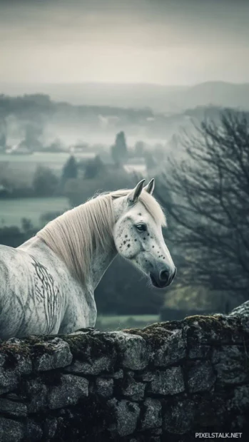 A white horse covered in tribal markings, standing proudly in an ancient Celtic landscape, mist rolling in the background.
