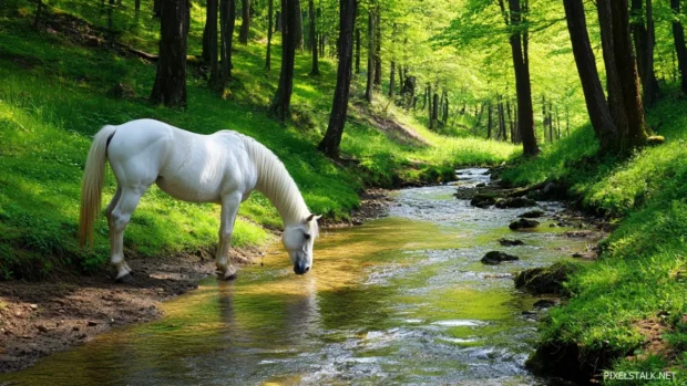 A white horse drinking water from a crystal clear mountain stream, surrounded by lush greenery.