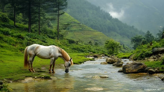 A white horse drinking water from a crystal clear mountain stream, surrounded by lush greenery.