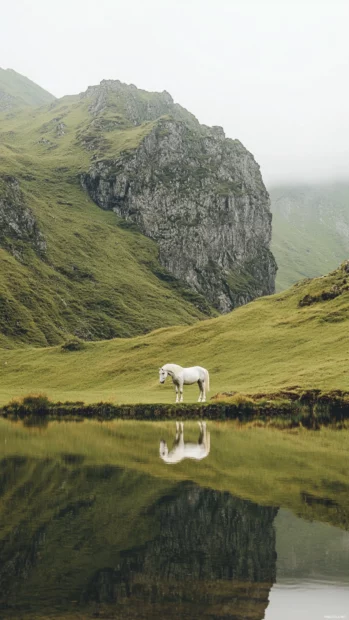 A white horse gazing into a clear lake, its reflection rippling on the water.