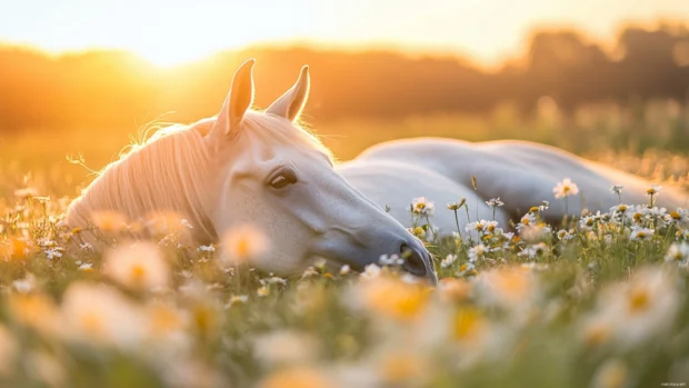 A white horse lying peacefully in a flower filled meadow, resting under the warm sunlight.