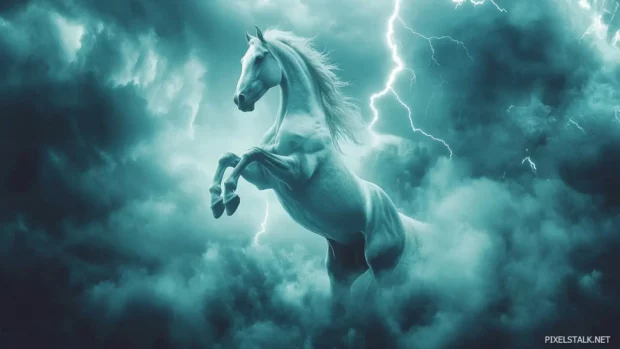 A white horse rearing up in the middle of a thunderstorm, lightning striking behind, creating a dramatic and powerful atmosphere.
