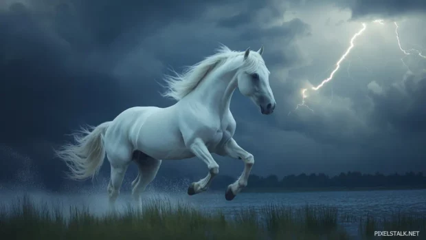 A white horse rearing up in the middle of a thunderstorm, lightning striking behind, creating a dramatic and powerful atmosphere.