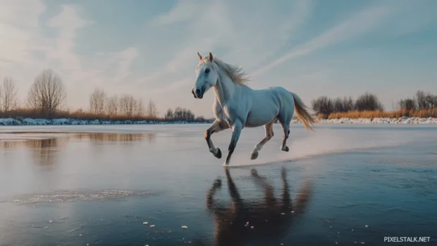 A white horse running across a frozen lake, ice cracking beneath its hooves, reflecting the breathtaking winter sky.