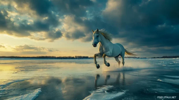A white horse running across a frozen lake, ice cracking beneath its hooves, reflecting the breathtaking winter sky.