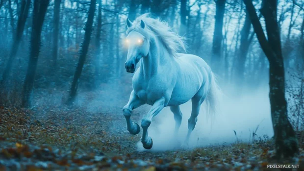 A white horse running through a misty forest, its glowing eyes and shimmering mane creating a mystical atmosphere.