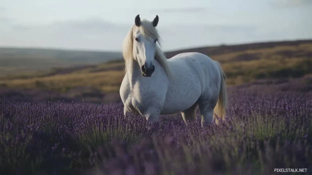 A white horse standing gracefully in a field of lavender, its mane softly blowing in the breeze, peaceful and enchanting.