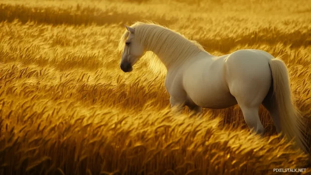 A white horse standing in a golden wheat field, the warm sunlight highlighting its pristine coat, evoking a sense of peace and freedom.