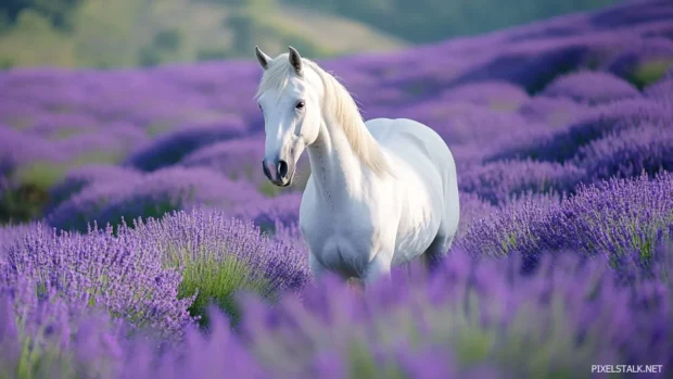 A white horse standing in the middle of a lavender field, its majestic form blending beautifully with the purple horizon.