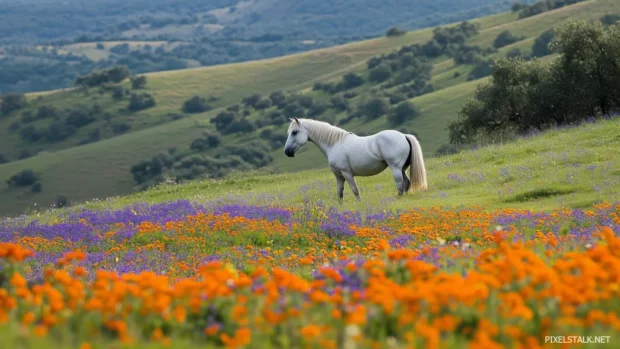 A white horse standing proudly in a blooming meadow, surrounded by colorful flowers, evoking a sense of peace and natural beauty.