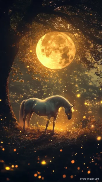 A white horse standing under a glowing full moon.