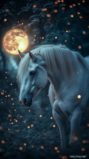 A white horse standing under a glowing full moon, surrounded by fireflies.