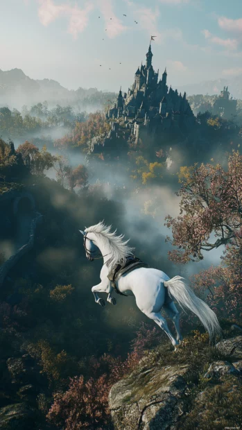 A white stallion rearing up, misty mountains in the background.