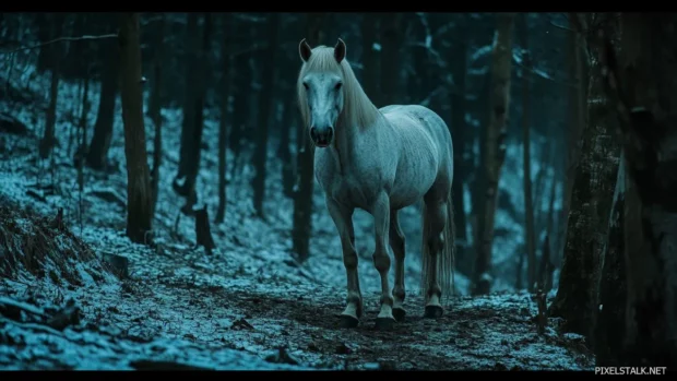 A white stallion standing in a snowy forest, its piercing blue eyes radiating strength and mystery.