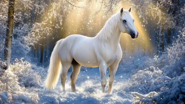 A white stallion standing in a snowy forest, its piercing blue eyes radiating strength and mystery.