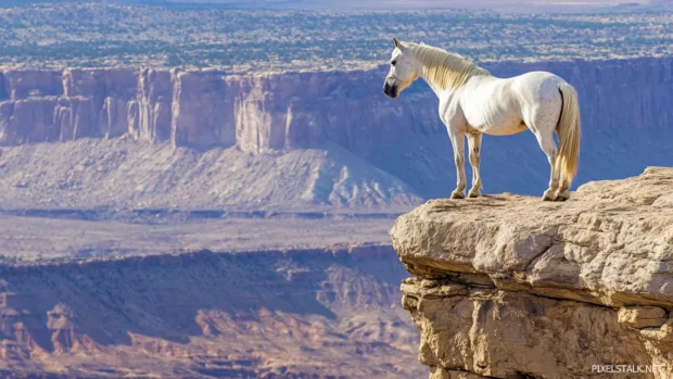 A white stallion standing proudly on a rocky cliff, overlooking a vast valley at sunrise.